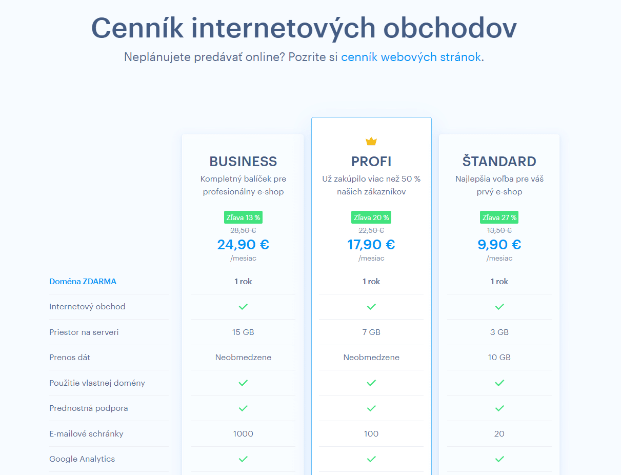 Webnode e-shop cenník